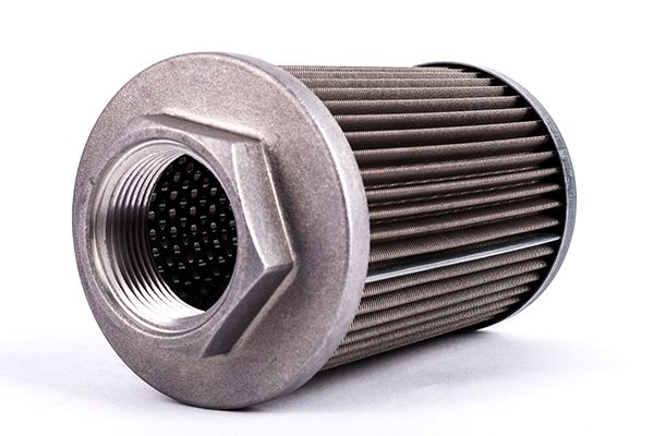 A picture of a metal hydraulic filter.